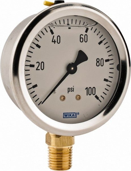 Wika - 2-1/2" Dial, 1/4 Thread, 0-100 Scale Range, Pressure Gauge - Lower Connection Mount, Accurate to 2-1-2% of Scale - Exact Tooling