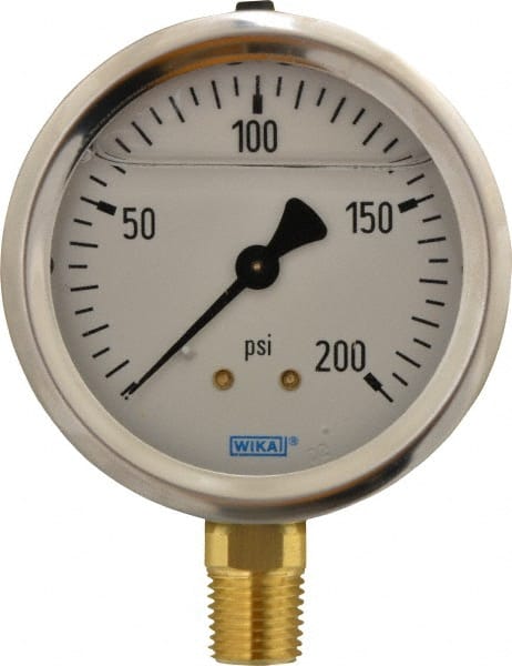 Wika - 2-1/2" Dial, 1/4 Thread, 0-200 Scale Range, Pressure Gauge - Lower Connection Mount, Accurate to 1.5% of Scale - Exact Tooling