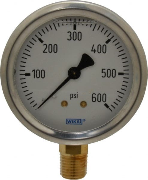 Wika - 2-1/2" Dial, 1/4 Thread, 0-600 Scale Range, Pressure Gauge - Lower Connection Mount, Accurate to 1.5% of Scale - Exact Tooling