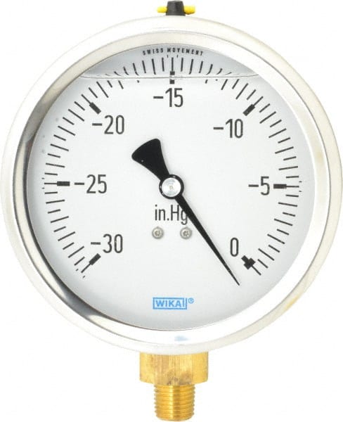Wika - 4" Dial, 1/4 Thread, 30-0 Scale Range, Pressure Gauge - Lower Connection Mount, Accurate to 1% of Scale - Exact Tooling