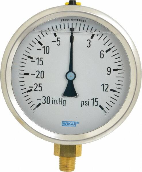 Wika - 4" Dial, 1/4 Thread, 30-0-15 Scale Range, Pressure Gauge - Lower Connection Mount, Accurate to 1% of Scale - Exact Tooling