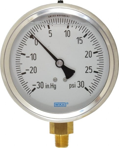 Wika - 4" Dial, 1/4 Thread, 30-0-30 Scale Range, Pressure Gauge - Lower Connection Mount, Accurate to 1% of Scale - Exact Tooling