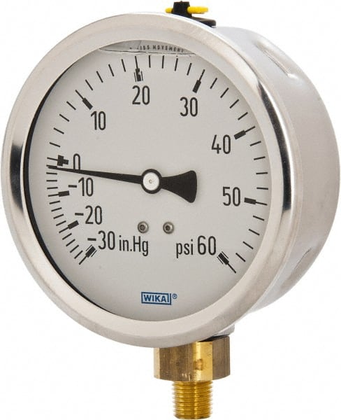 Wika - 4" Dial, 1/4 Thread, 30-0-60 Scale Range, Pressure Gauge - Lower Connection Mount, Accurate to 1% of Scale - Exact Tooling