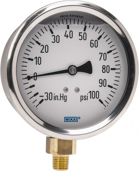 Wika - 4" Dial, 1/4 Thread, 30-0-100 Scale Range, Pressure Gauge - Lower Connection Mount, Accurate to 1% of Scale - Exact Tooling