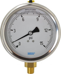 Wika - 4" Dial, 1/4 Thread, 0-15 Scale Range, Pressure Gauge - Lower Connection Mount, Accurate to 1% of Scale - Exact Tooling
