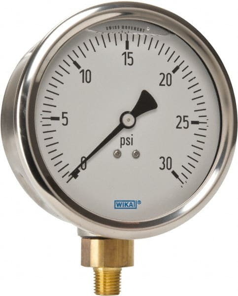 Wika - 4" Dial, 1/4 Thread, 0-30 Scale Range, Pressure Gauge - Lower Connection Mount, Accurate to 1% of Scale - Exact Tooling