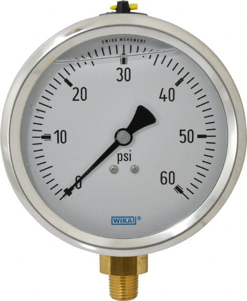Wika - 4" Dial, 1/4 Thread, 0-60 Scale Range, Pressure Gauge - Lower Connection Mount, Accurate to 1% of Scale - Exact Tooling
