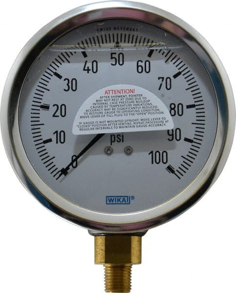 Wika - 4" Dial, 1/4 Thread, 0-100 Scale Range, Pressure Gauge - Lower Connection Mount, Accurate to 1% of Scale - Exact Tooling