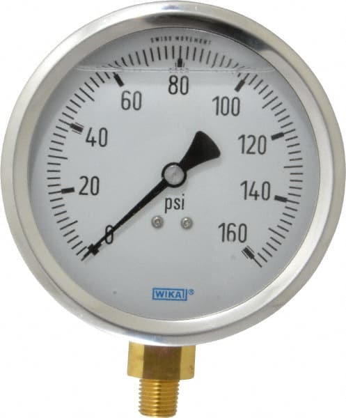 Wika - 4" Dial, 1/4 Thread, 0-160 Scale Range, Pressure Gauge - Lower Connection Mount, Accurate to 1% of Scale - Exact Tooling