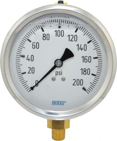 Wika - 4" Dial, 1/4 Thread, 0-200 Scale Range, Pressure Gauge - Lower Connection Mount, Accurate to 1% of Scale - Exact Tooling