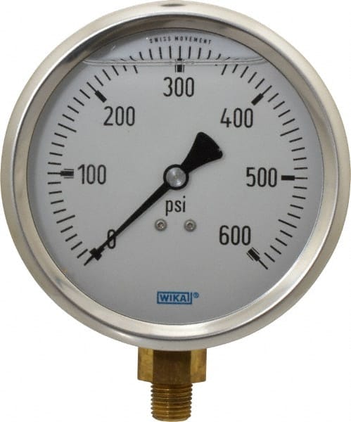 Wika - 4" Dial, 1/4 Thread, 0-600 Scale Range, Pressure Gauge - Lower Connection Mount, Accurate to 1% of Scale - Exact Tooling
