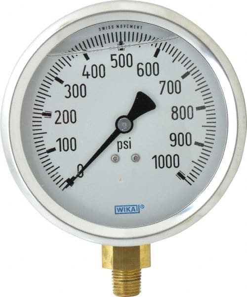 Wika - 4" Dial, 1/4 Thread, 0-1,000 Scale Range, Pressure Gauge - Lower Connection Mount, Accurate to 1% of Scale - Exact Tooling