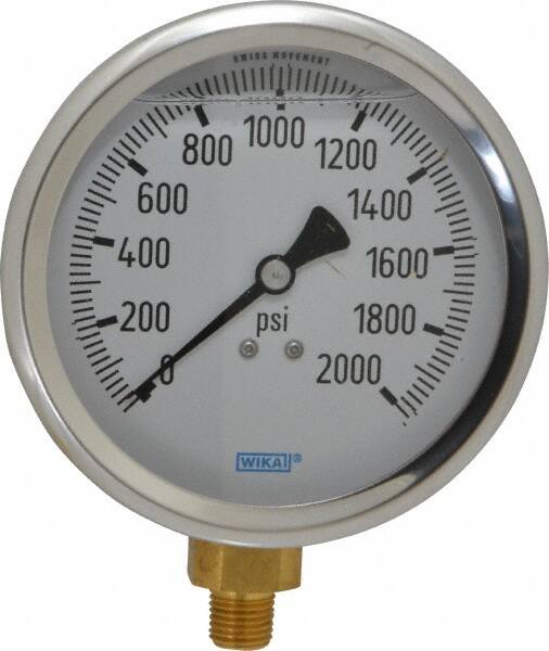 Wika - 4" Dial, 1/4 Thread, 0-2,000 Scale Range, Pressure Gauge - Lower Connection Mount, Accurate to 1% of Scale - Exact Tooling