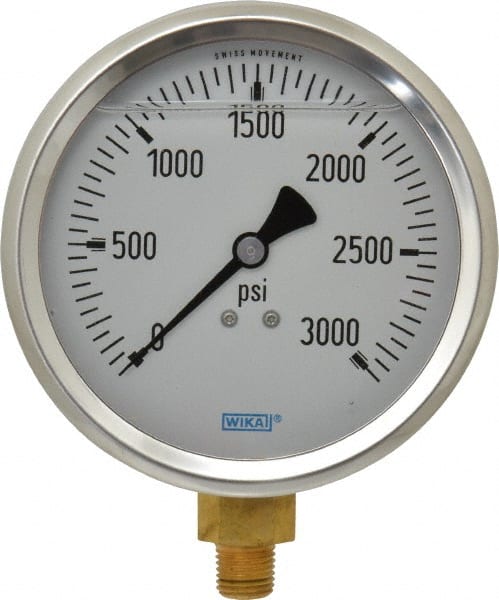 Wika - 4" Dial, 1/4 Thread, 0-3,000 Scale Range, Pressure Gauge - Lower Connection Mount, Accurate to 1% of Scale - Exact Tooling