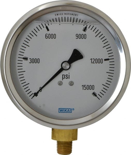 Wika - 4" Dial, 1/4 Thread, 0-15,000 Scale Range, Pressure Gauge - Lower Connection Mount, Accurate to 1% of Scale - Exact Tooling