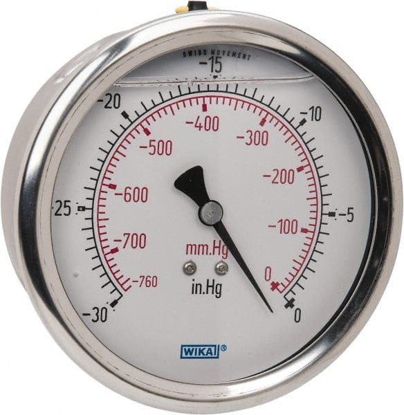 Wika - 4" Dial, 1/4 Thread, 30-0 Scale Range, Pressure Gauge - Lower Back Connection Mount, Accurate to 1% of Scale - Exact Tooling