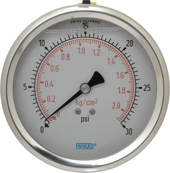 Wika - 4" Dial, 1/4 Thread, 0-30 Scale Range, Pressure Gauge - Lower Back Connection Mount, Accurate to 1% of Scale - Exact Tooling