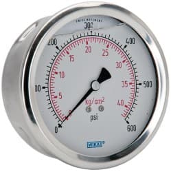 Wika - 4" Dial, 1/4 Thread, 0-600 Scale Range, Pressure Gauge - Lower Back Connection Mount, Accurate to 1% of Scale - Exact Tooling