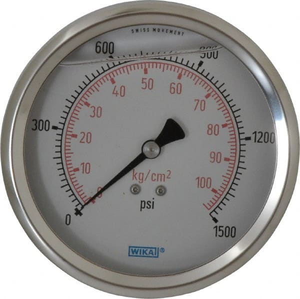 Wika - 4" Dial, 1/4 Thread, 0-1,500 Scale Range, Pressure Gauge - Lower Back Connection Mount, Accurate to 1% of Scale - Exact Tooling