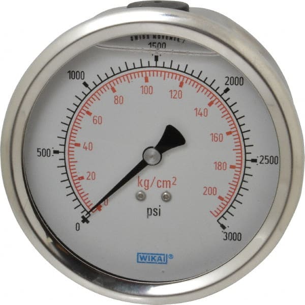Wika - 4" Dial, 1/4 Thread, 0-3,000 Scale Range, Pressure Gauge - Lower Back Connection Mount, Accurate to 1% of Scale - Exact Tooling