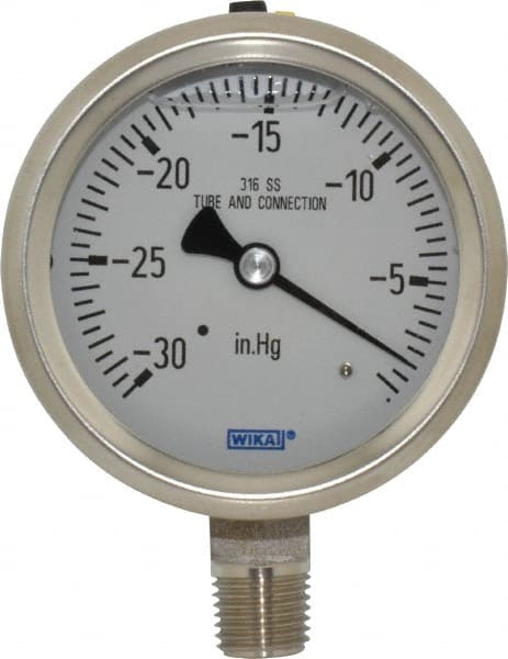 Wika - 2-1/2" Dial, 1/4 Thread, 30-0 Scale Range, Pressure Gauge - Lower Connection Mount, Accurate to 1.5% of Scale - Exact Tooling
