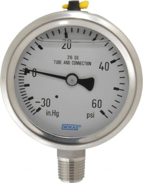 Wika - 2-1/2" Dial, 1/4 Thread, 30-0-60 Scale Range, Pressure Gauge - Lower Connection Mount, Accurate to 1.5% of Scale - Exact Tooling