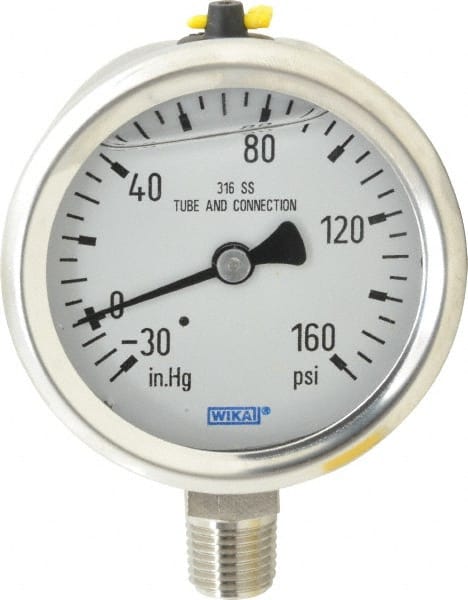 Wika - 2-1/2" Dial, 1/4 Thread, 30-0-160 Scale Range, Pressure Gauge - Lower Connection Mount, Accurate to 1.5% of Scale - Exact Tooling