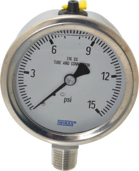 Wika - 2-1/2" Dial, 1/4 Thread, 0-15 Scale Range, Pressure Gauge - Lower Connection Mount, Accurate to 1.5% of Scale - Exact Tooling