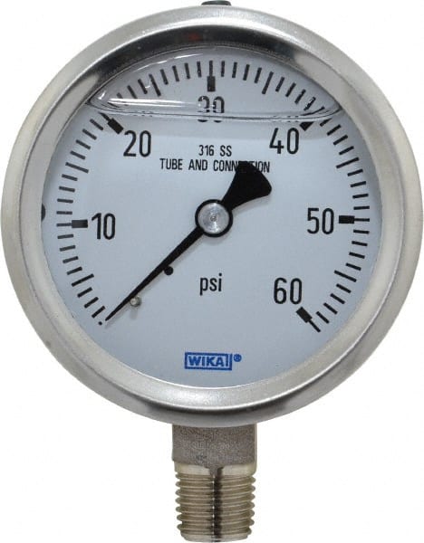 Wika - 2-1/2" Dial, 1/4 Thread, 0-60 Scale Range, Pressure Gauge - Lower Connection Mount, Accurate to 1.5% of Scale - Exact Tooling