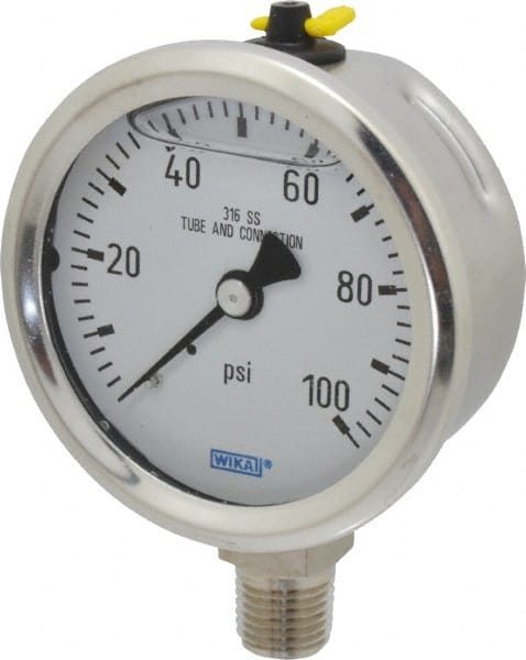 Wika - 2-1/2" Dial, 1/4 Thread, 0-100 Scale Range, Pressure Gauge - Lower Connection Mount, Accurate to 1.5% of Scale - Exact Tooling