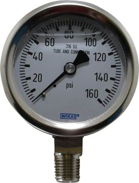 Wika - 2-1/2" Dial, 1/4 Thread, 0-160 Scale Range, Pressure Gauge - Lower Connection Mount, Accurate to 1.5% of Scale - Exact Tooling