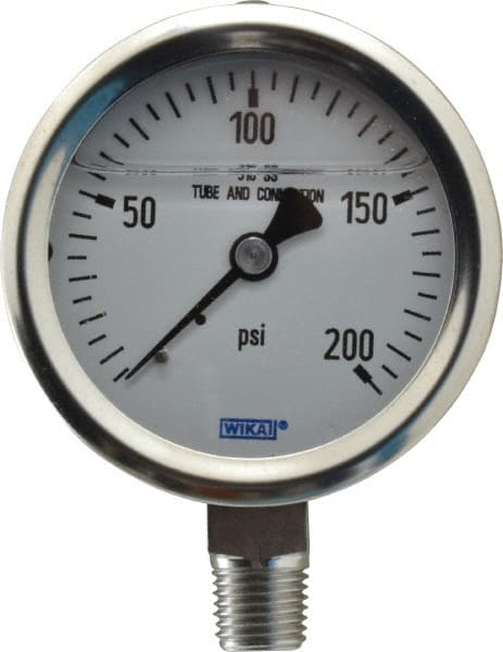 Wika - 2-1/2" Dial, 1/4 Thread, 0-200 Scale Range, Pressure Gauge - Lower Connection Mount, Accurate to 1.5% of Scale - Exact Tooling