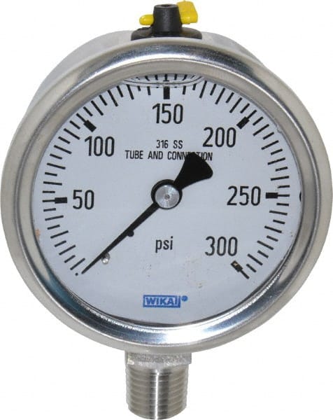 Wika - 2-1/2" Dial, 1/4 Thread, 0-300 Scale Range, Pressure Gauge - Lower Connection Mount, Accurate to 1.5% of Scale - Exact Tooling