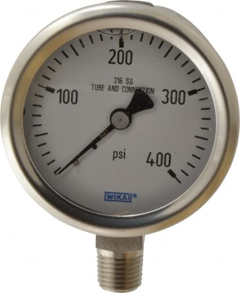 Wika - 2-1/2" Dial, 1/4 Thread, 0-400 Scale Range, Pressure Gauge - Lower Connection Mount, Accurate to 1.5% of Scale - Exact Tooling