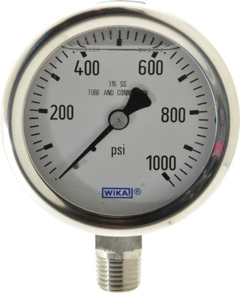 Wika - 2-1/2" Dial, 1/4 Thread, 0-1,000 Scale Range, Pressure Gauge - Lower Connection Mount, Accurate to 1.5% of Scale - Exact Tooling