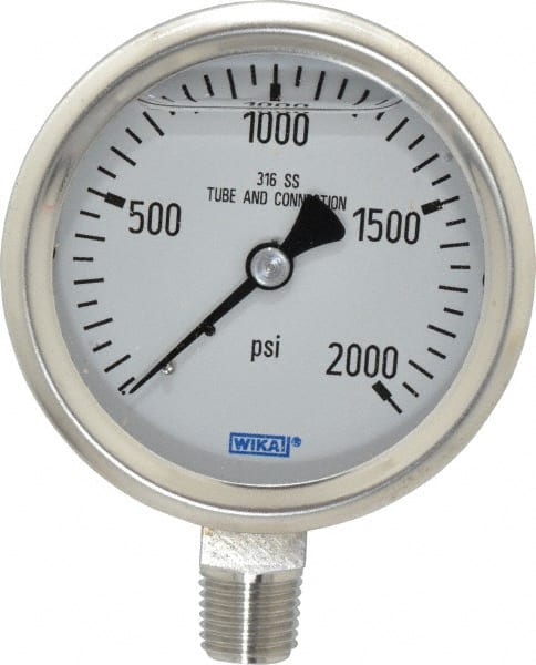 Wika - 2-1/2" Dial, 1/4 Thread, 0-2,000 Scale Range, Pressure Gauge - Lower Connection Mount, Accurate to 1.5% of Scale - Exact Tooling