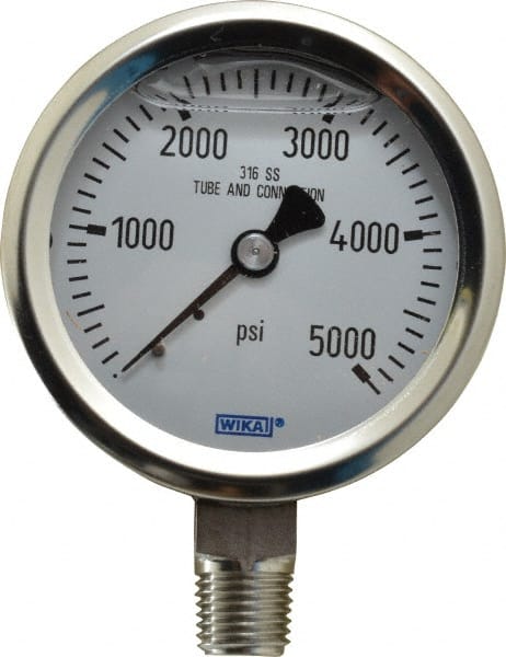 Wika - 2-1/2" Dial, 1/4 Thread, 0-5,000 Scale Range, Pressure Gauge - Lower Connection Mount, Accurate to 1.5% of Scale - Exact Tooling