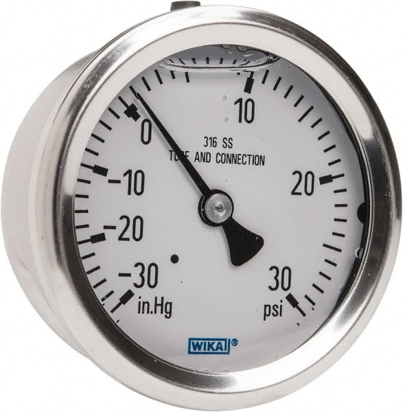 Wika - 2-1/2" Dial, 1/4 Thread, 30-0-30 Scale Range, Pressure Gauge - Center Back Connection Mount, Accurate to 1.5% of Scale - Exact Tooling