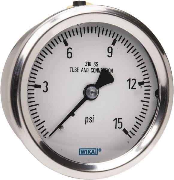 Wika - 2-1/2" Dial, 1/4 Thread, 0-15 Scale Range, Pressure Gauge - Center Back Connection Mount, Accurate to 1.5% of Scale - Exact Tooling