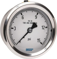 Wika - 2-1/2" Dial, 1/4 Thread, 0-15 Scale Range, Pressure Gauge - Center Back Connection Mount, Accurate to 1.5% of Scale - Exact Tooling