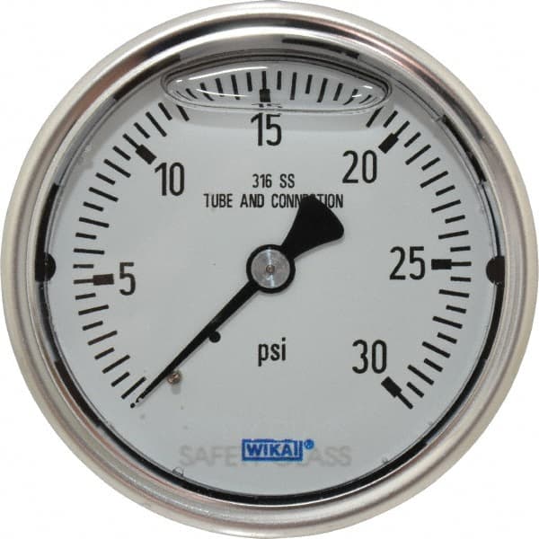 Wika - 2-1/2" Dial, 1/4 Thread, 0-30 Scale Range, Pressure Gauge - Center Back Connection Mount, Accurate to 1.5% of Scale - Exact Tooling