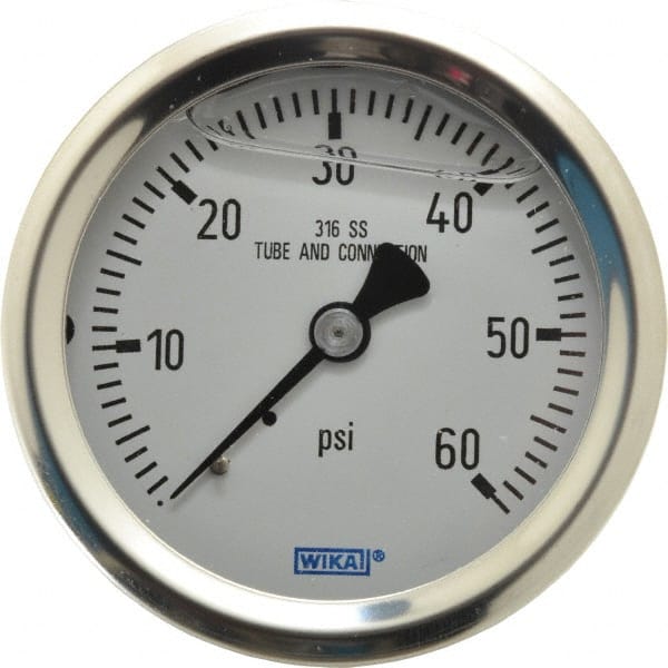 Wika - 2-1/2" Dial, 1/4 Thread, 0-60 Scale Range, Pressure Gauge - Center Back Connection Mount, Accurate to 1.5% of Scale - Exact Tooling