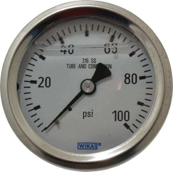 Wika - 2-1/2" Dial, 1/4 Thread, 0-100 Scale Range, Pressure Gauge - Center Back Connection Mount, Accurate to 1.5% of Scale - Exact Tooling