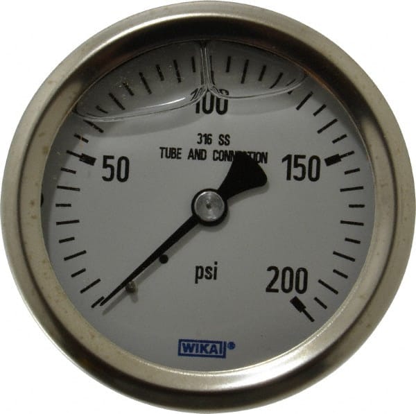 Wika - 2-1/2" Dial, 1/4 Thread, 0-200 Scale Range, Pressure Gauge - Center Back Connection Mount, Accurate to 1.5% of Scale - Exact Tooling