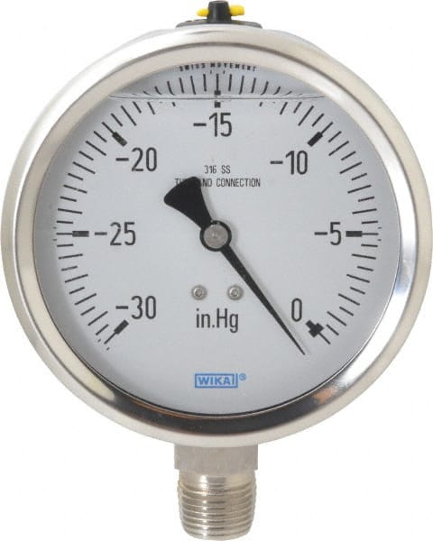 Wika - 4" Dial, 1/2 Thread, 30-0 Scale Range, Pressure Gauge - Lower Connection Mount, Accurate to 1% of Scale - Exact Tooling