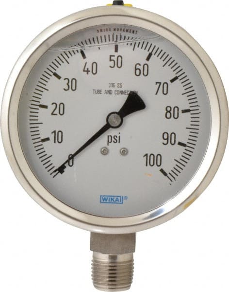 Wika - 4" Dial, 1/2 Thread, 0-100 Scale Range, Pressure Gauge - Lower Connection Mount, Accurate to 1% of Scale - Exact Tooling