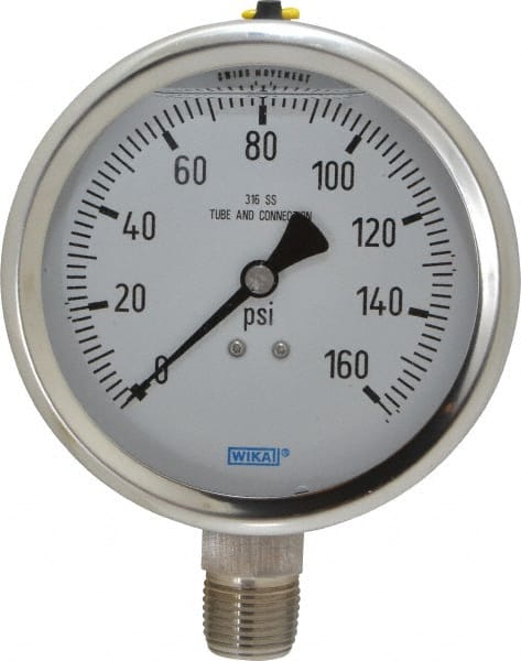Wika - 4" Dial, 1/2 Thread, 0-160 Scale Range, Pressure Gauge - Lower Connection Mount, Accurate to 1% of Scale - Exact Tooling