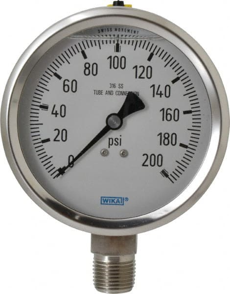 Wika - 4" Dial, 1/2 Thread, 0-200 Scale Range, Pressure Gauge - Lower Connection Mount, Accurate to 1% of Scale - Exact Tooling