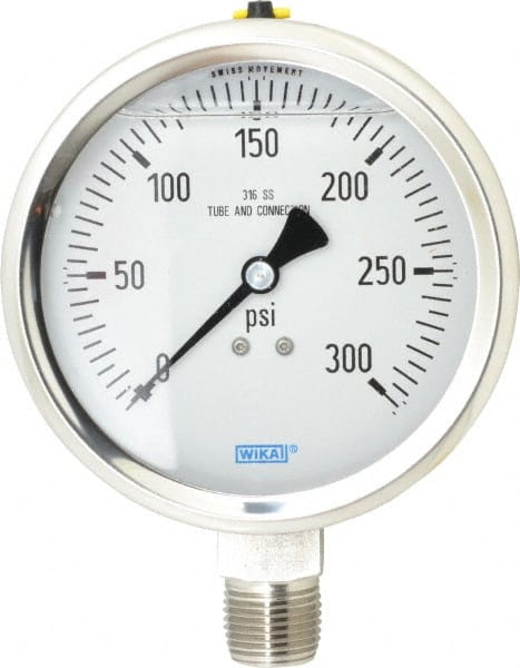Wika - 4" Dial, 1/2 Thread, 0-300 Scale Range, Pressure Gauge - Lower Connection Mount, Accurate to 1% of Scale - Exact Tooling
