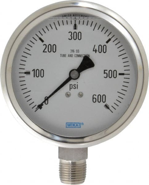 Wika - 4" Dial, 1/2 Thread, 0-600 Scale Range, Pressure Gauge - Lower Connection Mount, Accurate to 1% of Scale - Exact Tooling